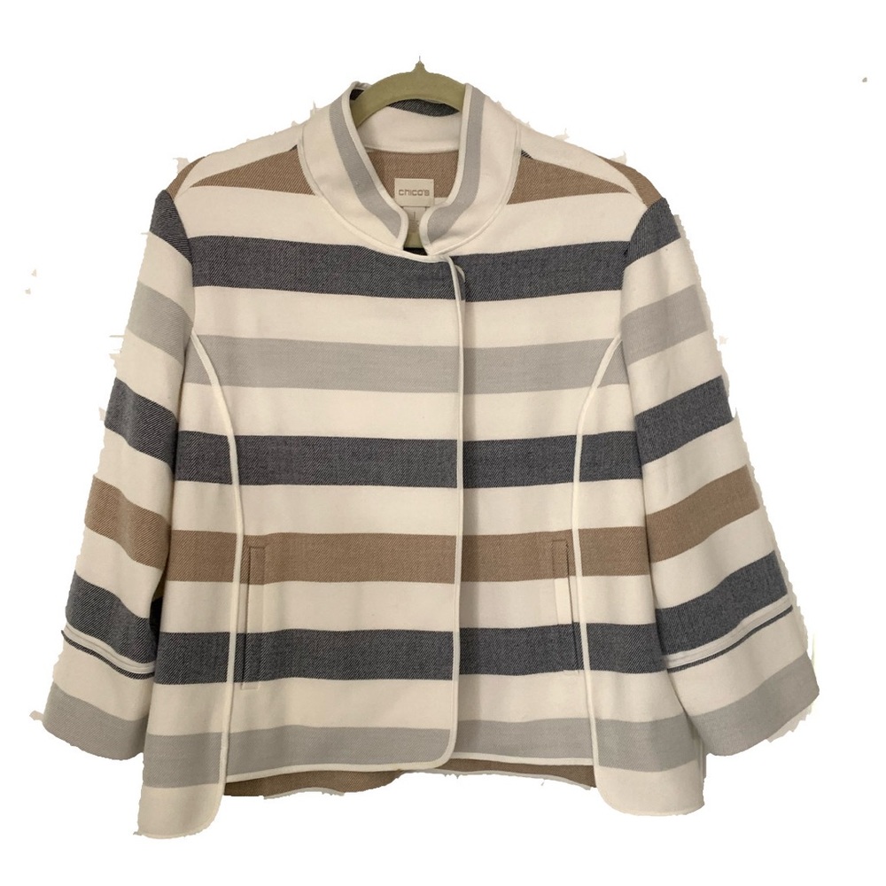 Chico’s Neutral Shades Striped Car Coat Inspired Jacket SZ S - NWOT